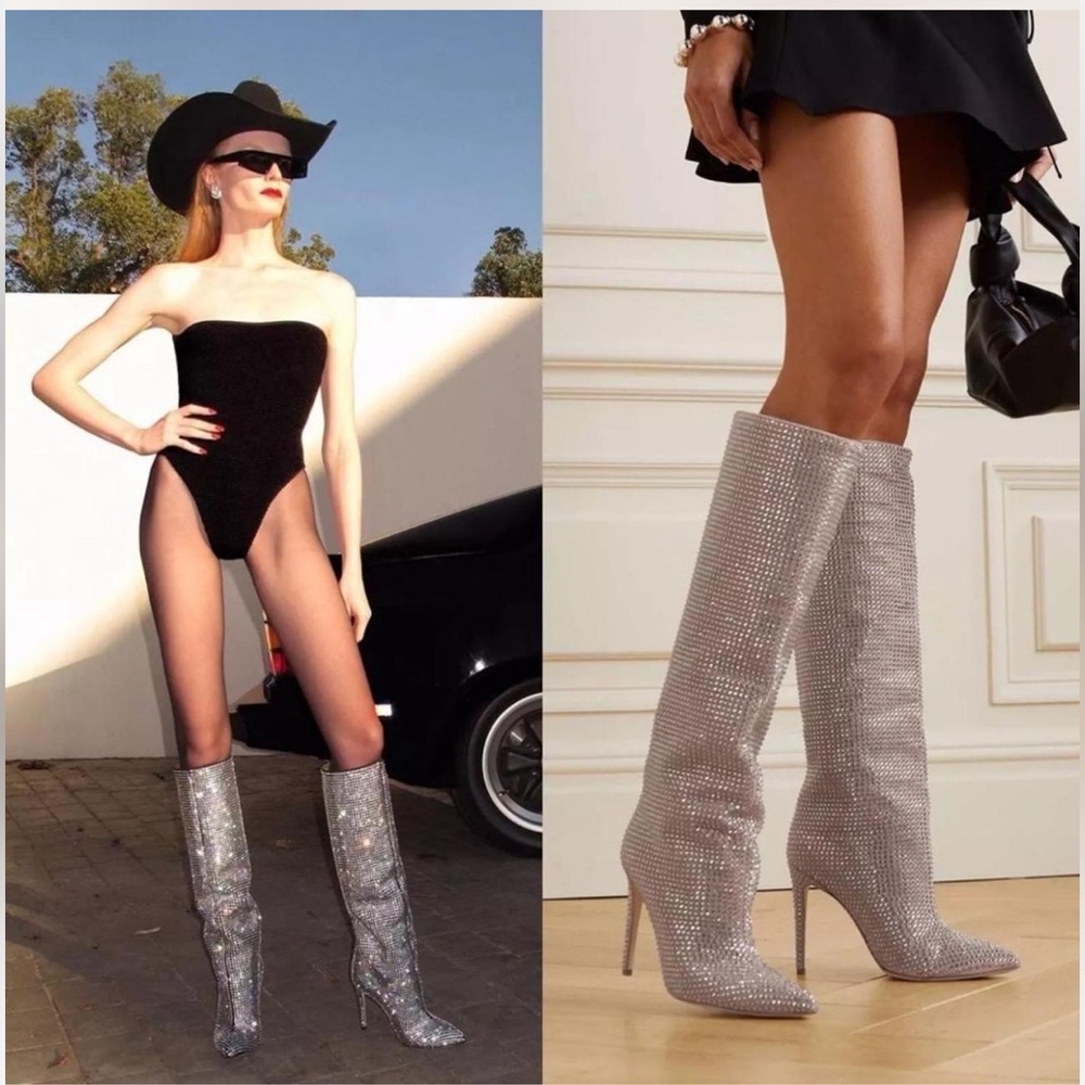 PARIS TEXAS Holly Crystal Embellished Suede Knee
Boots in Neutral. Size 9.5 US